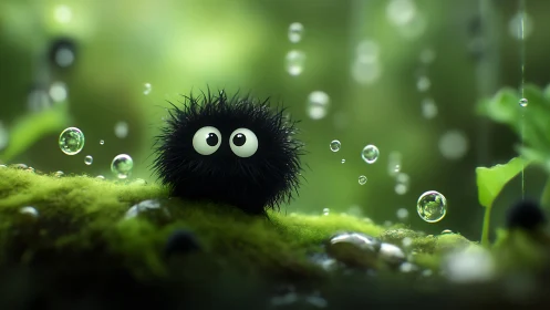 Small black fuzzy creature sits on moss amid suspended droplets