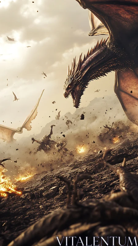 Volcanic dragon assault in dynamically tilted war panorama.