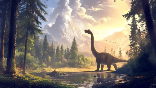 Gentle sauropod wandering through dawn-lit primeval valley.