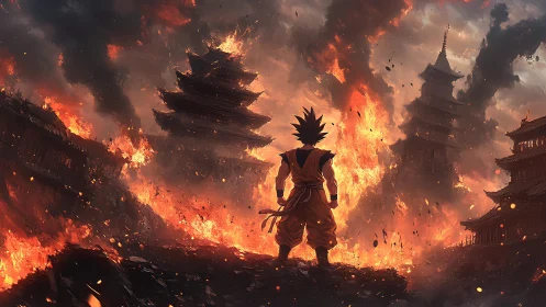 Figure observes burning pagodas within dense fire and smoke
