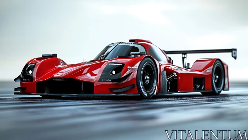 Red endurance race car rendered on slick wet track.
