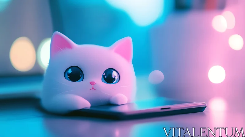 Luminous Synthetic White Feline Character With Hyperrealistic Rendering And Neon Chromatic Ambient L