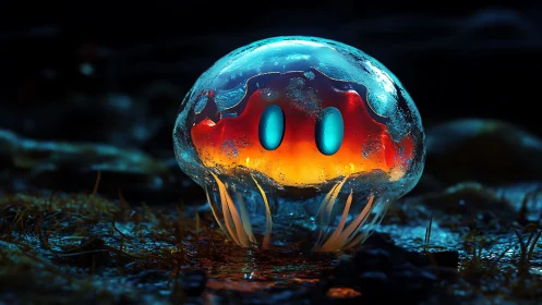 Translucent glowing blob organism on wet ground at night.