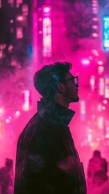 Neon-lit male silhouette in magenta urban night haze.
