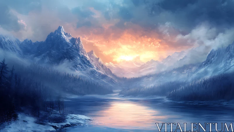 Glacial valley lake under volumetric sunrise scattering field.