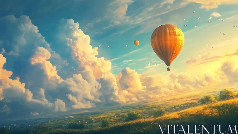 Golden hot air balloons drift above a sunlit valley sky.