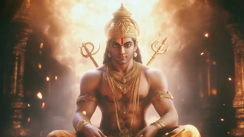 Divine warrior seated in aureate temple light, trident icons.