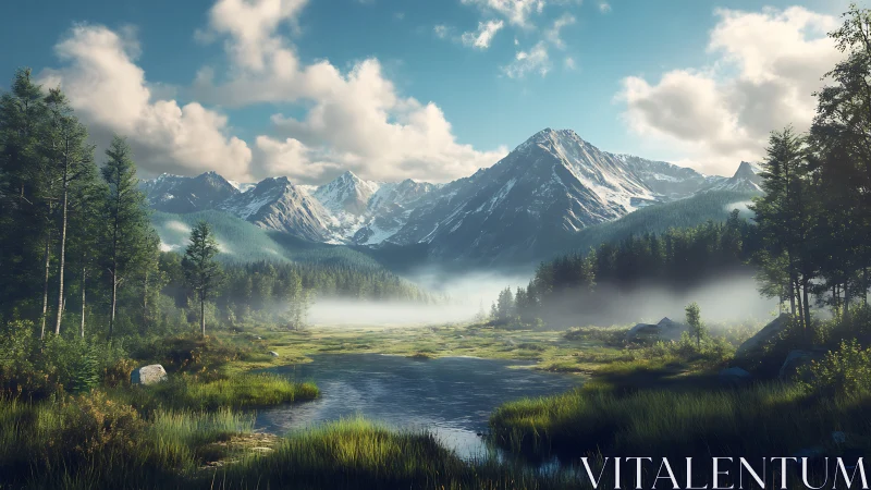 Sunlit alpine valley with misty forest and clear lake panorama.