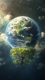 Earth in space with lone green tree growing beneath it.