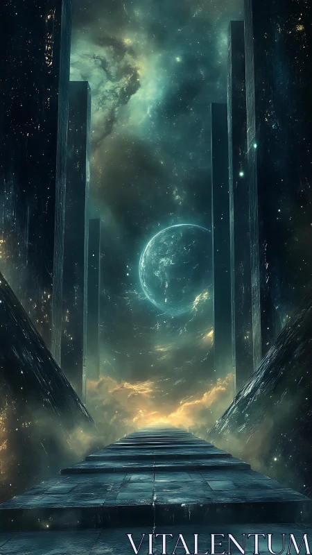 Interstellar stone causeway through monolithic cosmic corridor