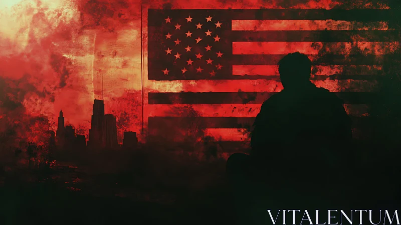 Silhouetted figure confronts distressed American flag in red haze