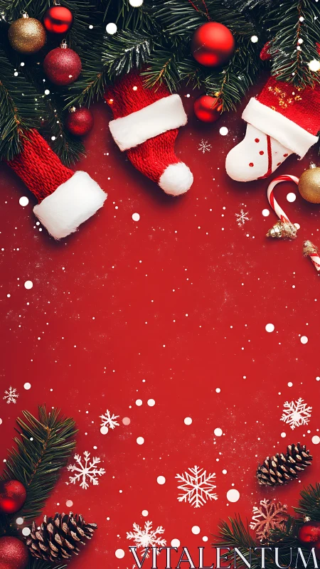 Red background with Christmas stockings and pine decor.