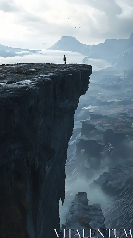 Solitary figure on vast misty cliffside plateau landscape.