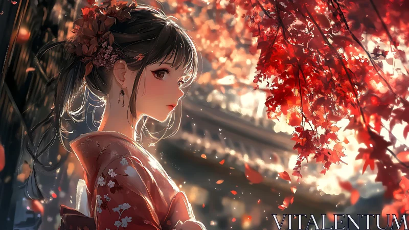 Kimono-clad girl under glowing autumn maple canopy at dusk.