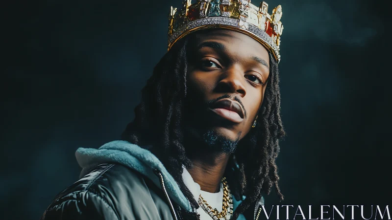 Crowned portrait of young man in streetwear against dark background.