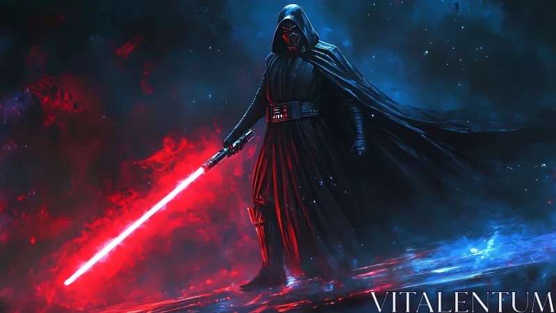 Hooded armored figure with red energy sword in nebula field.