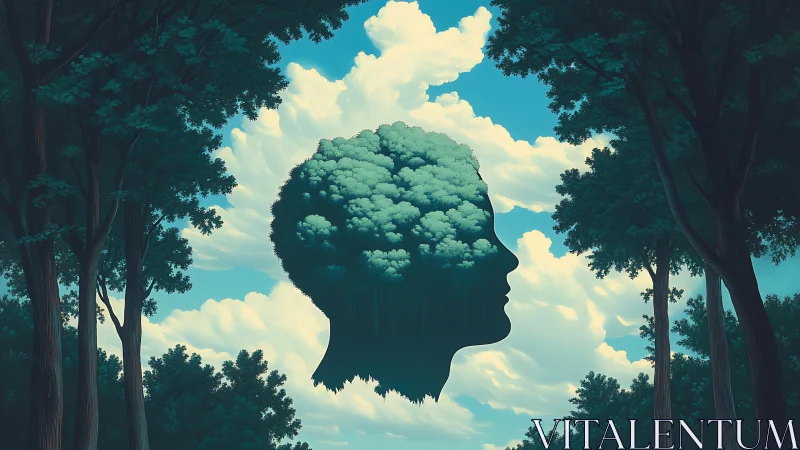 Forest silhouette forms human head against bright cloud sky