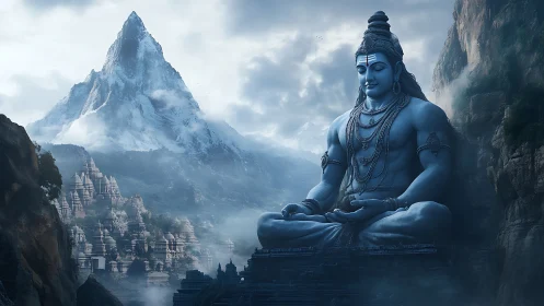 Colossal Shiva statue dominates misty Himalayan temple valley