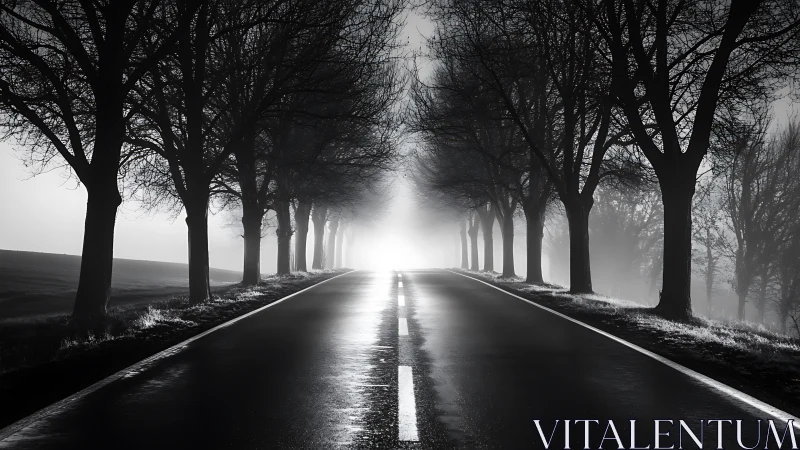 Midnight avenue sprinting toward a restless halo of light.