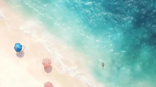 Top-down coastal scene shows swimmer and umbrellas aligned