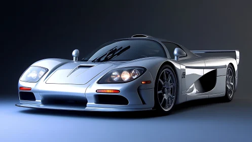 Silver supercar studio render with dramatic side lighting.