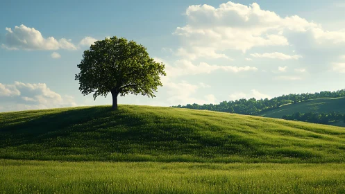 Lone tree crowns a sunlit hill under soft summer clouds.