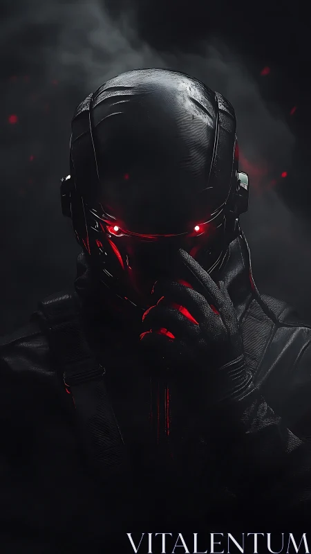 Cybernetic soldier holds mask in red backlit smoke