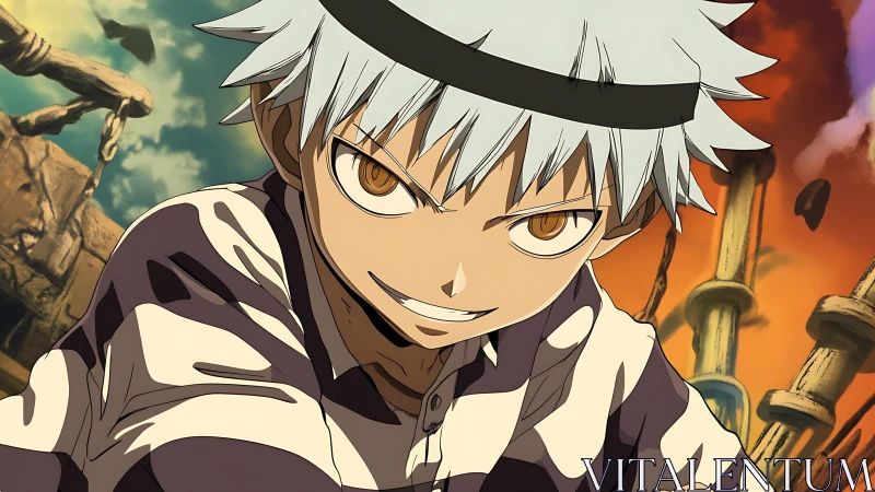 White haired anime fighter with fierce gaze in ruins.