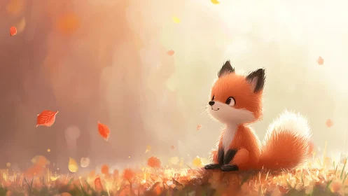 Small stylized fox sitting in soft autumn light outdoors.