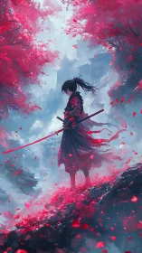 Lone samurai pauses in swirling cherry petals and soft mist