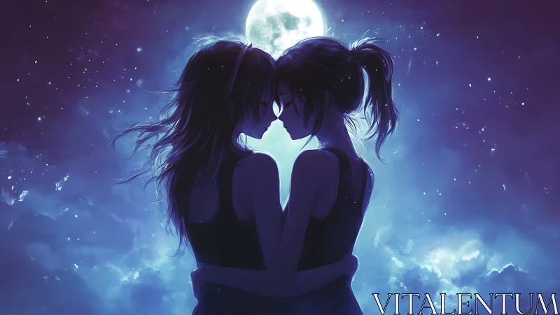 Anime nocturne embrace under luminous lunar backlight.
