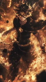 Fiery masked anime warrior walking through swirling flames.