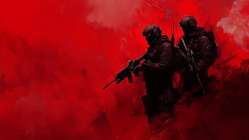 Storm of red surrounds two tactical soldiers on alert