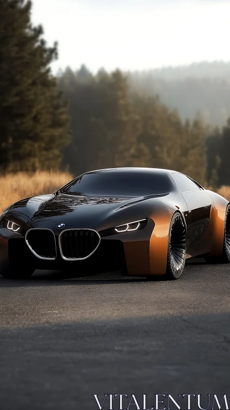Futuristic BMW coupe concept in sunset forest roadway light.