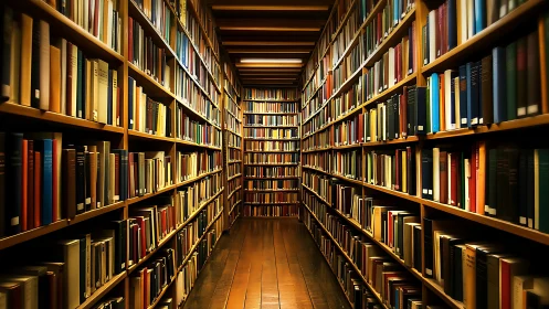 Long library aisle shows tall shelves filled with books