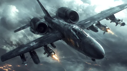 Attack jet squadron storm flight over burning battlefield.