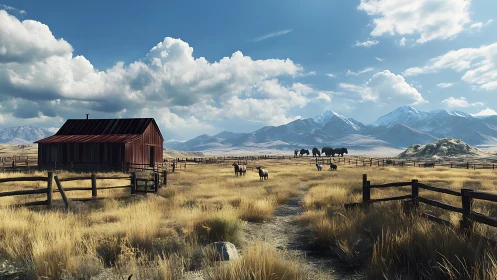 Rural fenced pasture with barn and distant snowcapped mountains.