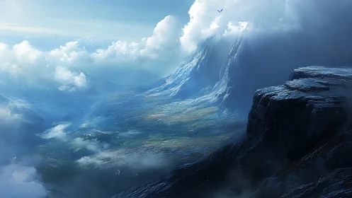 Sweeping digital vista shows towering cliffs and low clouds