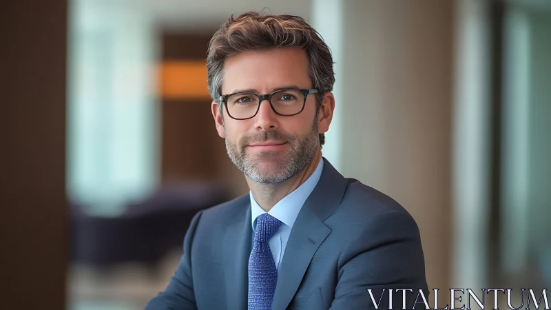 Middle-aged man in suit sits in softly lit office interior