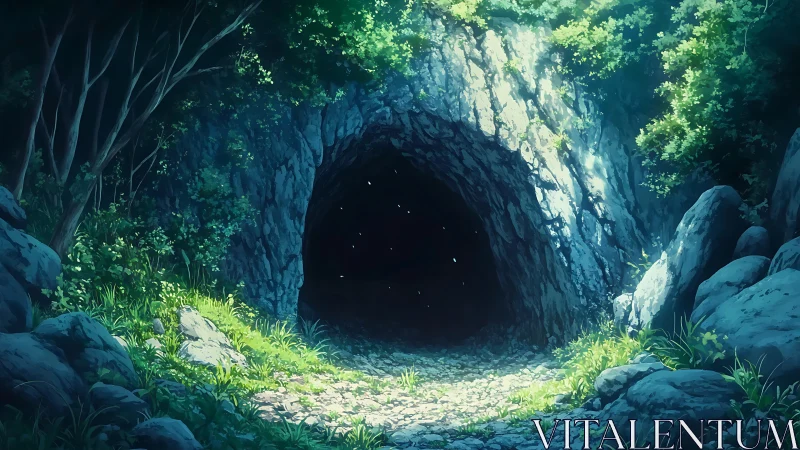 Anime forest cavern entrance with luminous dappled foliage.