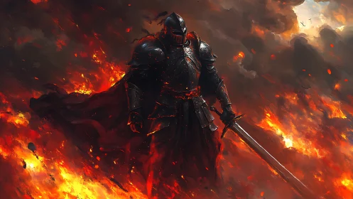Armored knight stands amid dense fire and drifting smoke