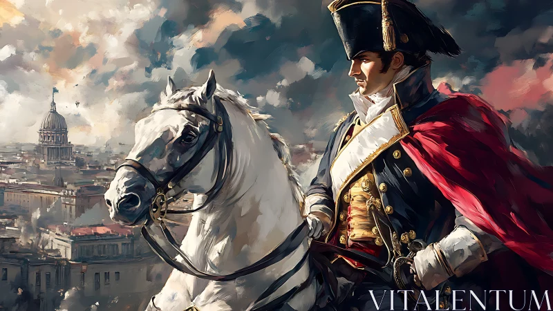 Napoleonic-era officer surveys a stormy city on horseback.