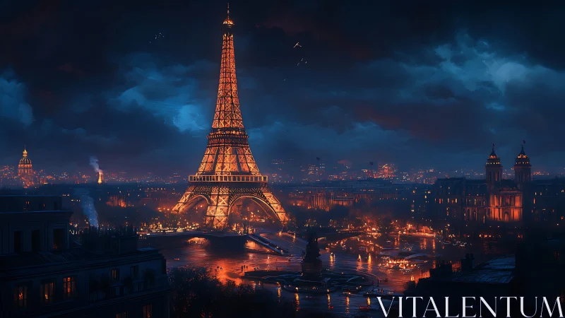 Luminous Eiffel Tower rises over a stormy, cinematic Paris night