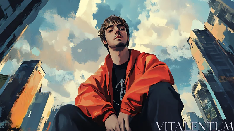 Skyline rebel in orange jacket ruling painted city streets.