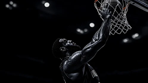 High-contrast courtside dunk captured in dramatic low-key lighting