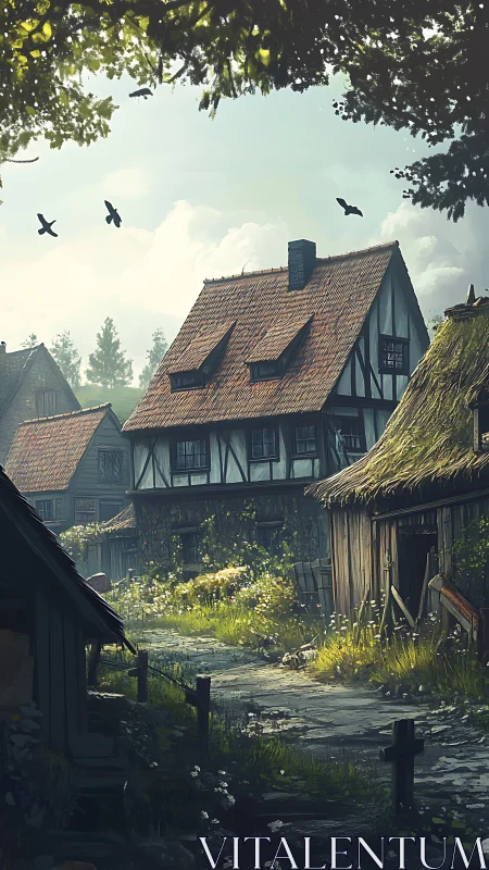 Morning light tiptoes through a sleepy medieval village lane