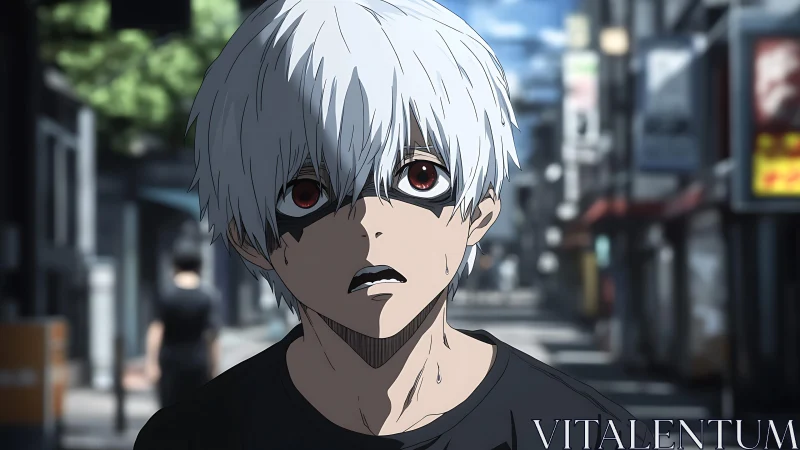 Anxious white haired boy pauses on a sunlit city street.