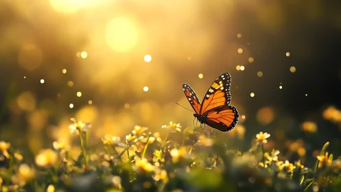 Monarch butterfly over sunlit wildflowers at golden hour.