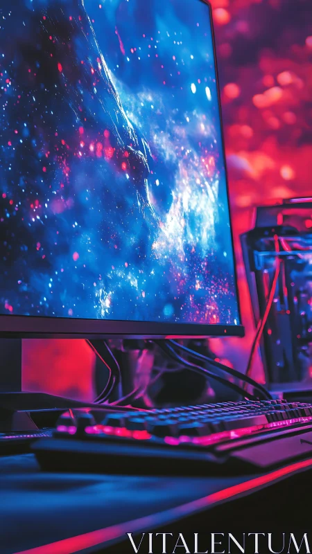 Dreamy gaming desktop glows in vivid neon blue and pink light