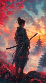 Samurai sentinel above scarlet blossoms and distant pagodas.